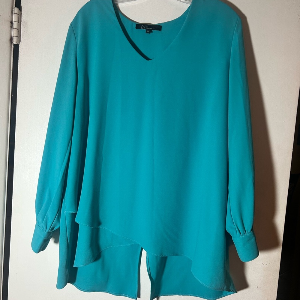 Calessa XL Chic Teal Blouse - Elegant Layered Country Club Top
